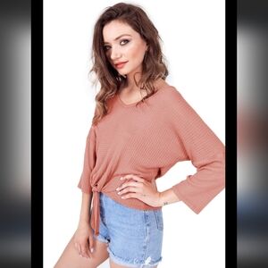 Gypsies & Moondust Pink Waffle Knit V-Neck Long Sleeve Tie Front, Medium